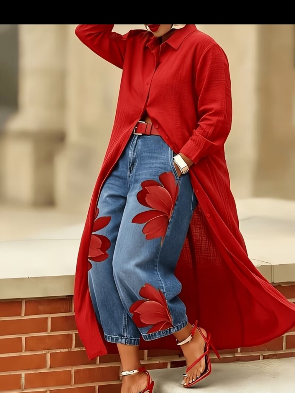 Red Long Shirt Dress. Jeans Sold Seperately.